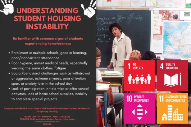 Image shows photo of classroom on the right overlaid with SDG 1, 4, 10, and 11 logos. On the left, report cover reads "Understanding Student Housing Instability"