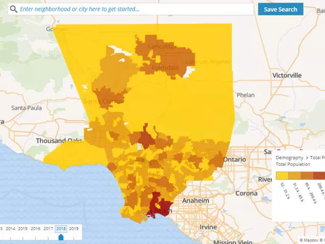 Image shows a map of Los Angeles county neighborhoods color-coded according to population density"